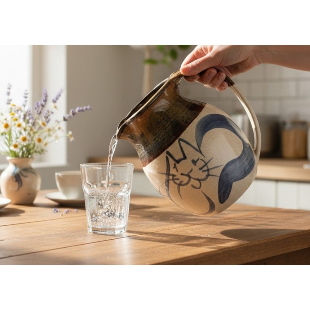 Studio Pottery Cat Pitcher Whimsical Signed Ann‎ Gleason Stoneware Tan Blue 7.5"